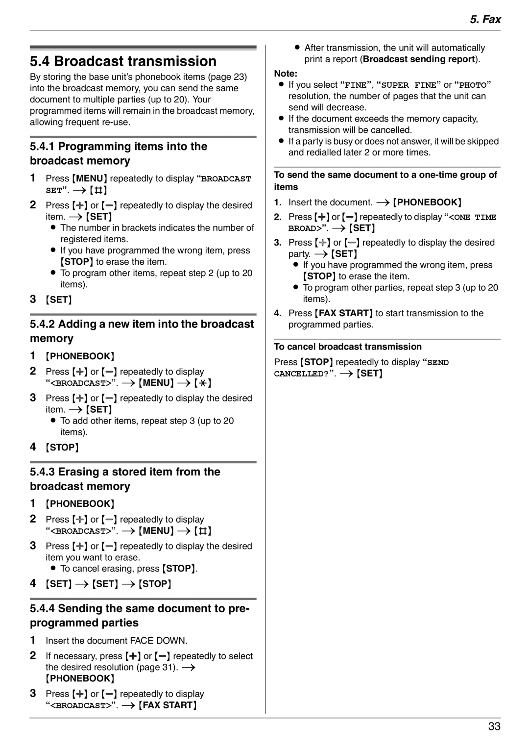 Panasonic KX-FC225AL, KX-FC225NZ manual Broadcast transmission, Programming items into the broadcast memory 