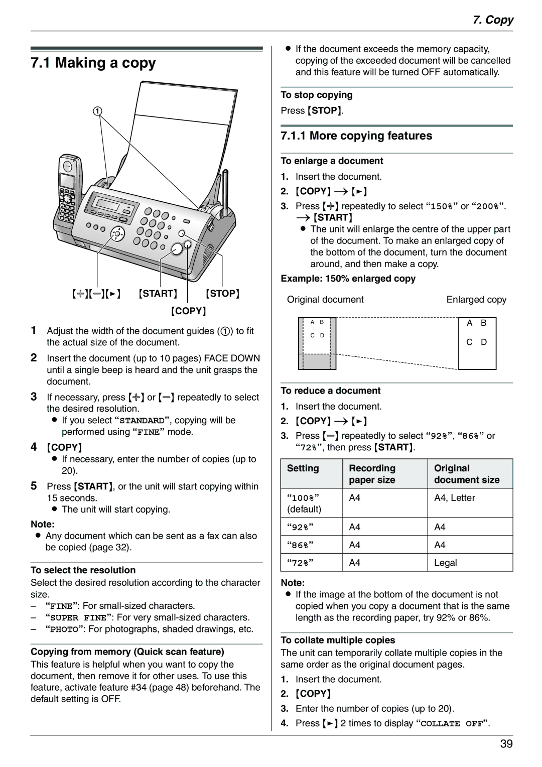 Panasonic KX-FC225AL, KX-FC225NZ manual Making a copy, More copying features 