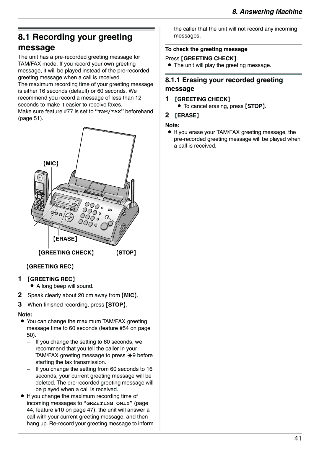 Panasonic KX-FC225AL Recording your greeting message, Erasing your recorded greeting message, MIC Erase Greeting Check 