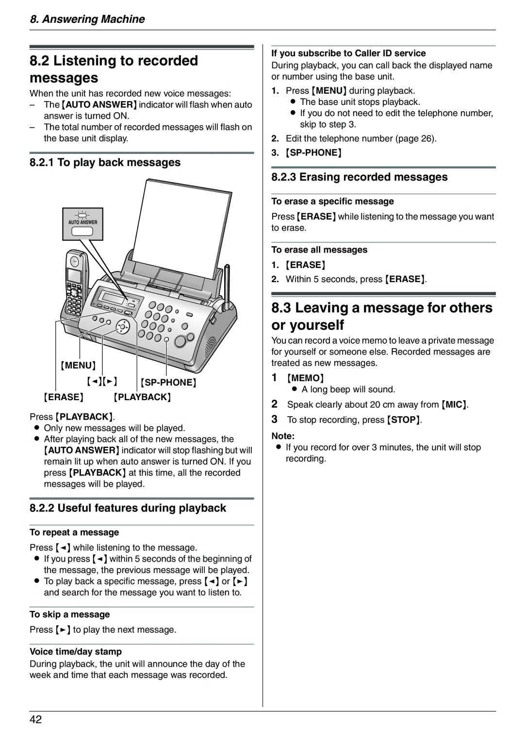 Panasonic KX-FC225NZ manual Listening to recorded messages, Leaving a message for others or yourself, To play back messages 