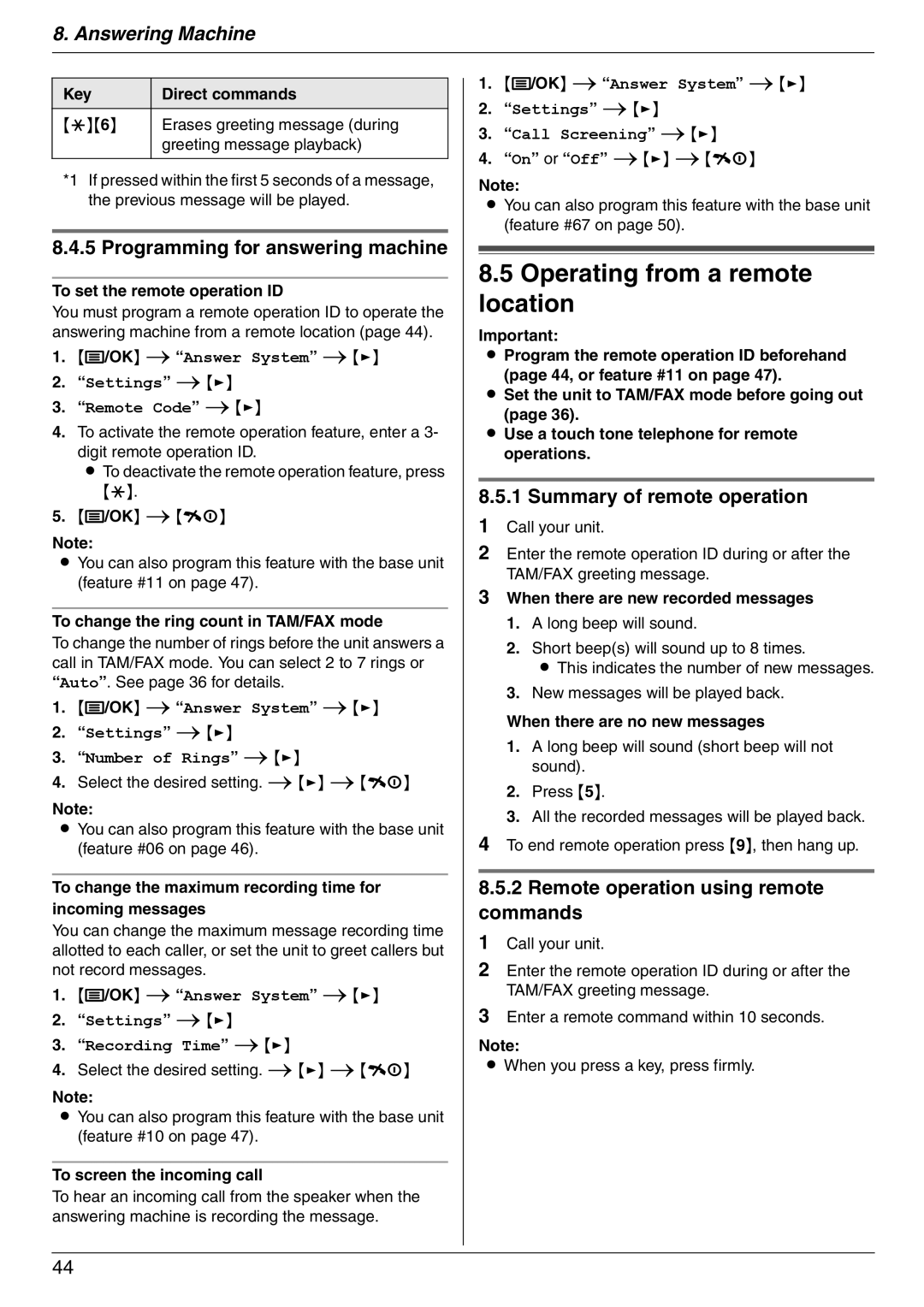 Panasonic KX-FC225NZ Operating from a remote location, Programming for answering machine, Summary of remote operation 