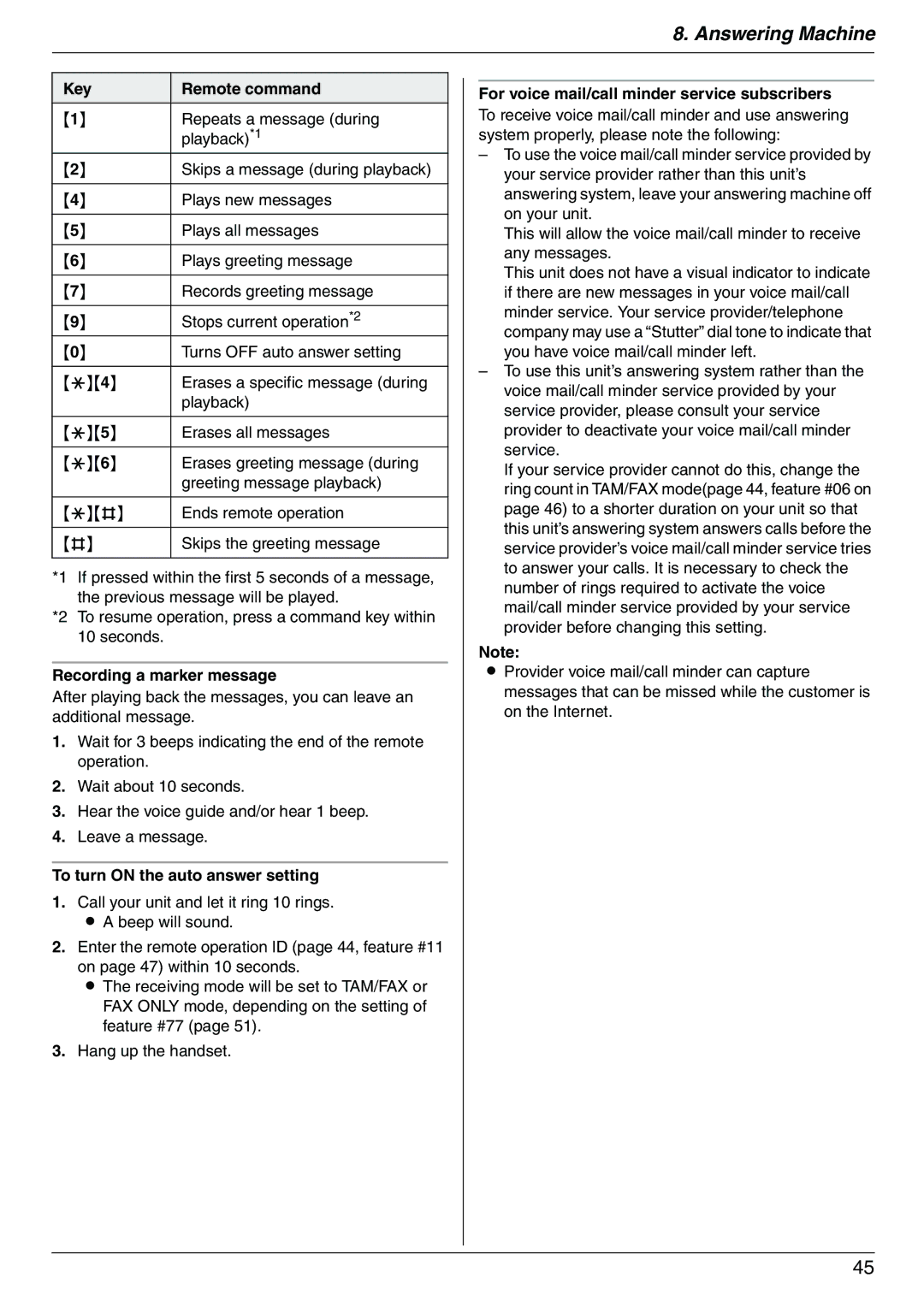 Panasonic KX-FC225AL, KX-FC225NZ manual Key Remote command, Recording a marker message, To turn on the auto answer setting 