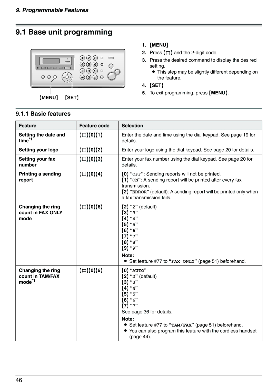 Panasonic KX-FC225NZ, KX-FC225AL manual Base unit programming, Basic features 