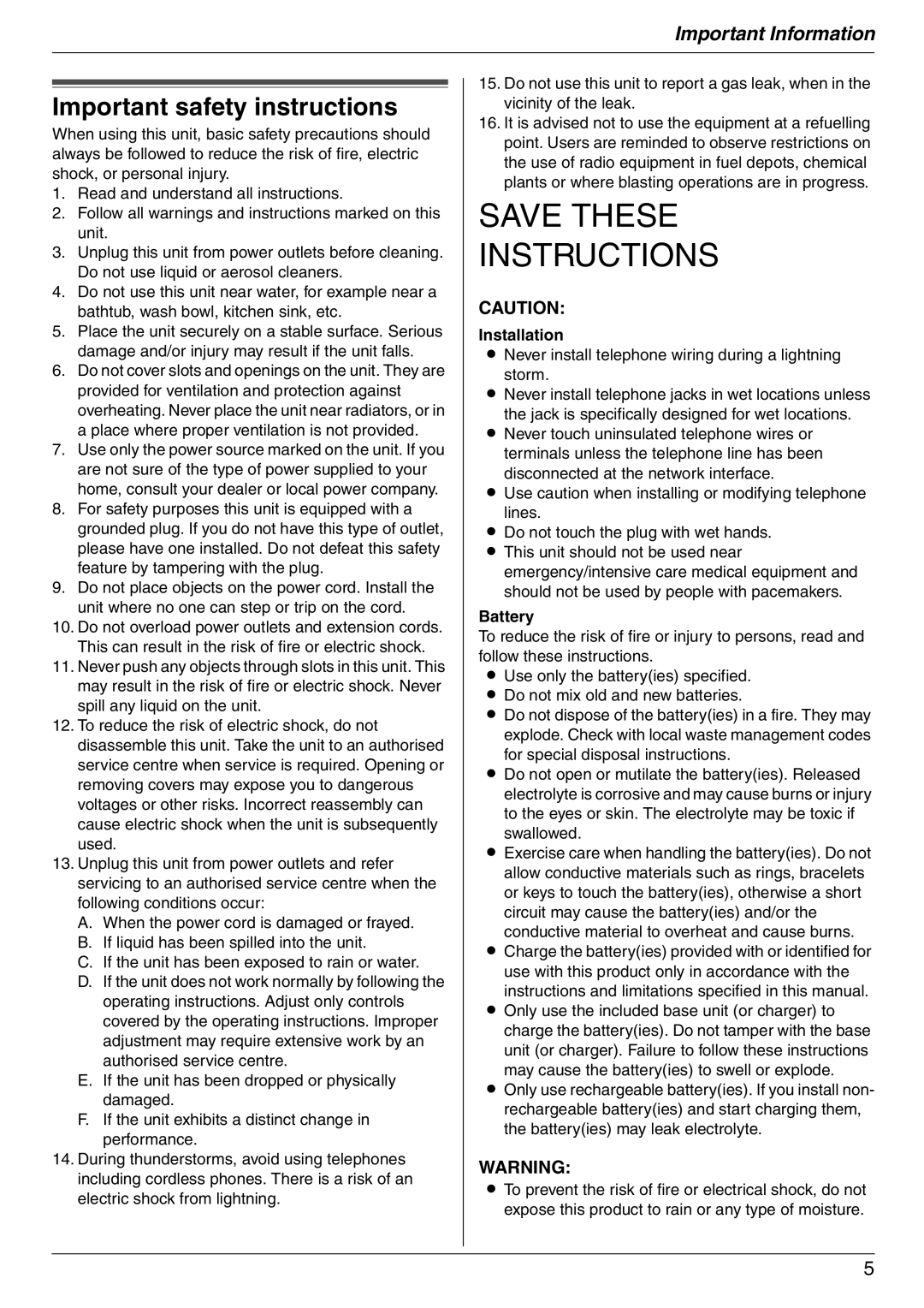 Panasonic KX-FC225AL, KX-FC225NZ manual Important safety instructions, Installation, Battery 