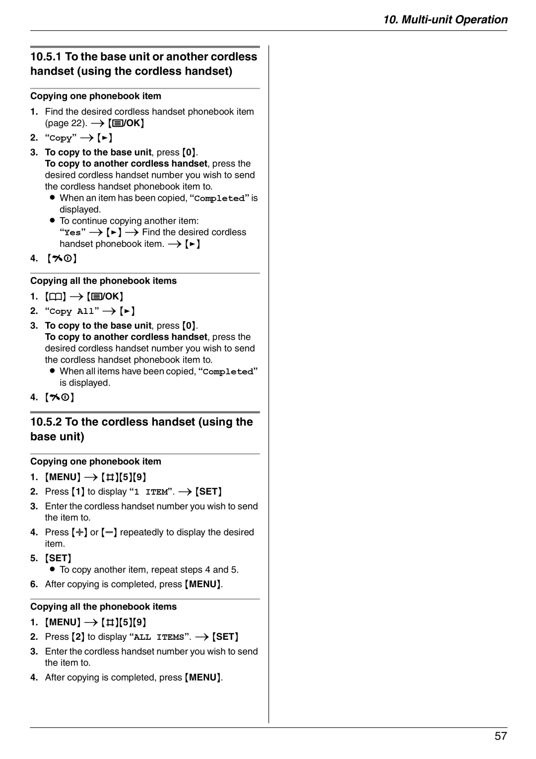 Panasonic KX-FC225AL, KX-FC225NZ manual To the cordless handset using the base unit, Copying one phonebook item 