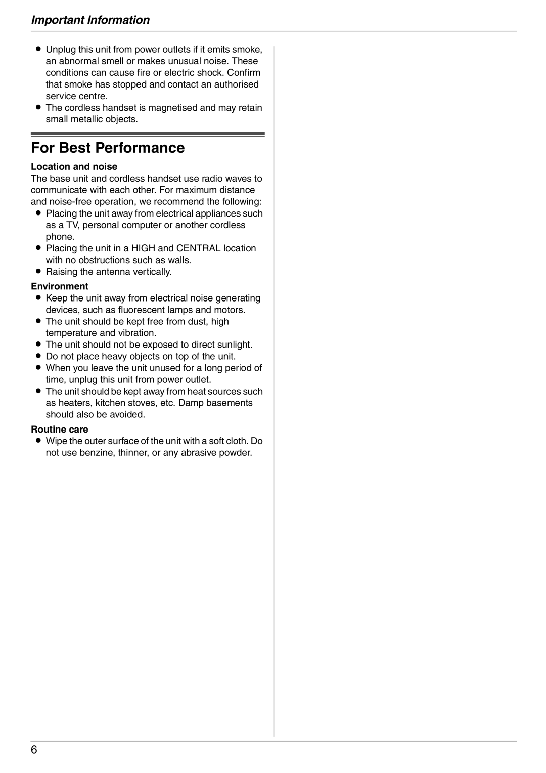 Panasonic KX-FC225NZ, KX-FC225AL manual For Best Performance, Location and noise, Environment, Routine care 