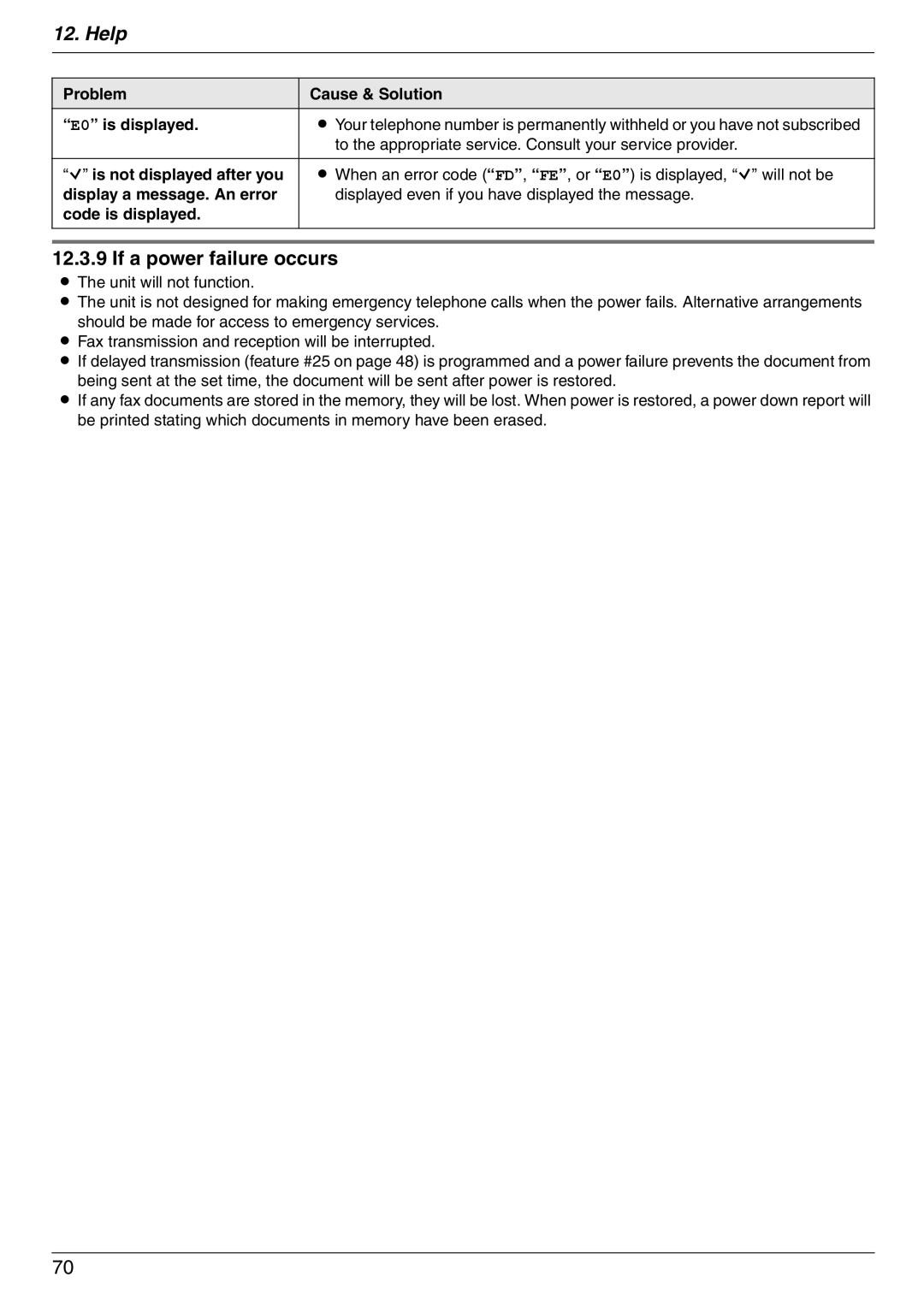 Panasonic KX-FC225NZ, KX-FC225AL manual If a power failure occurs, Problem Cause & Solution E0 is displayed 