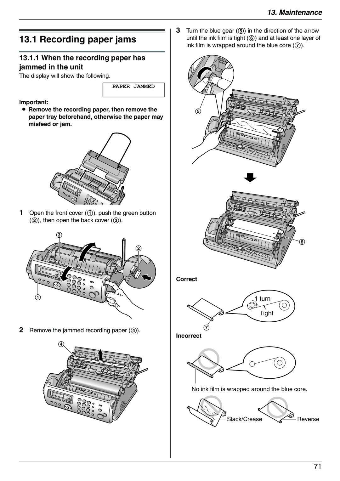 Panasonic KX-FC225AL, KX-FC225NZ manual Recording paper jams, When the recording paper has jammed in the unit 