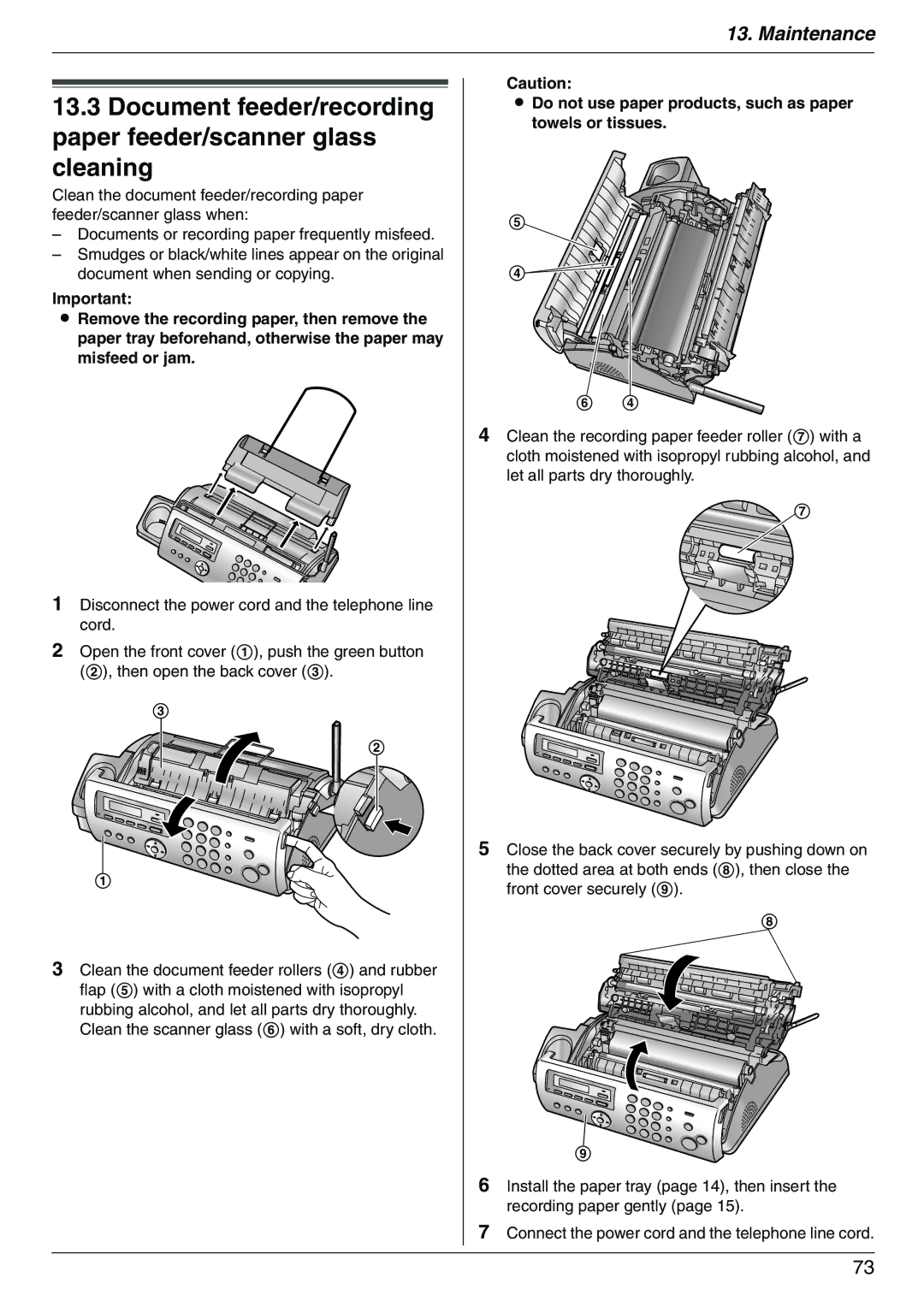 Panasonic KX-FC225AL, KX-FC225NZ manual Do not use paper products, such as paper towels or tissues 