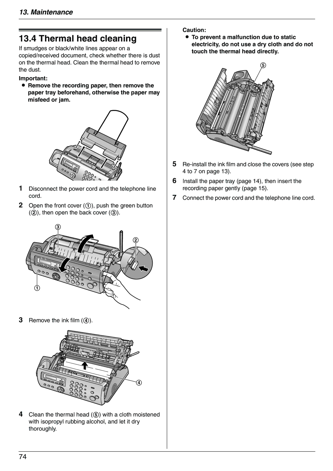 Panasonic KX-FC225NZ, KX-FC225AL manual Thermal head cleaning 