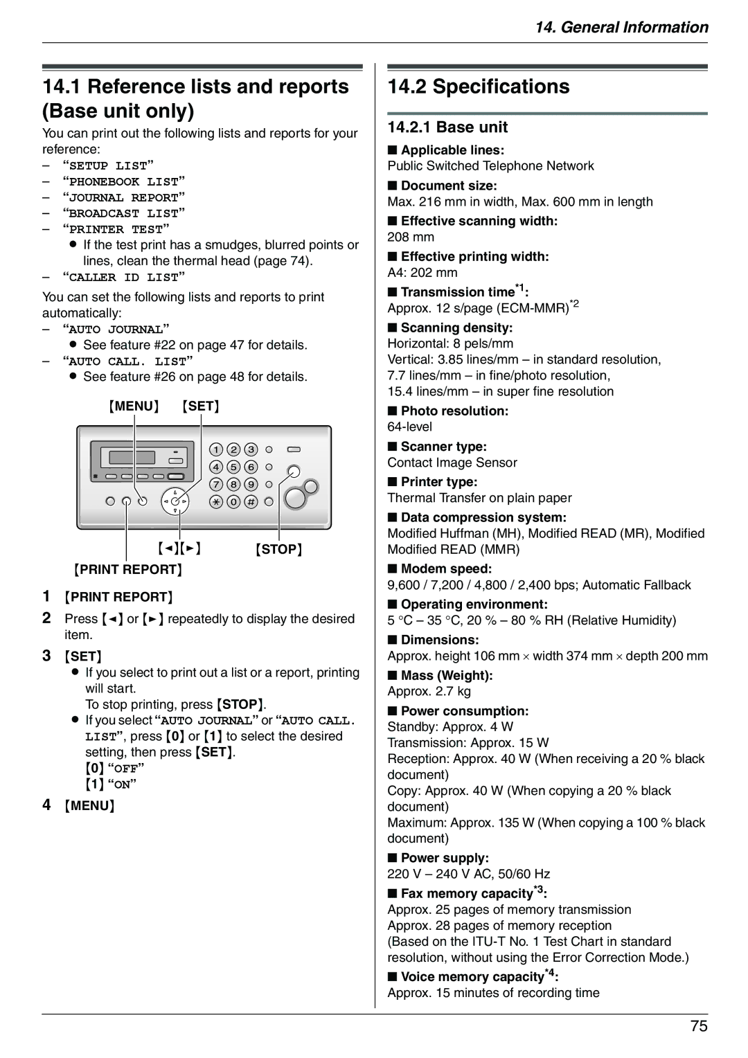 Panasonic KX-FC225AL, KX-FC225NZ manual Reference lists and reports Base unit only, Specifications, Menu SET 