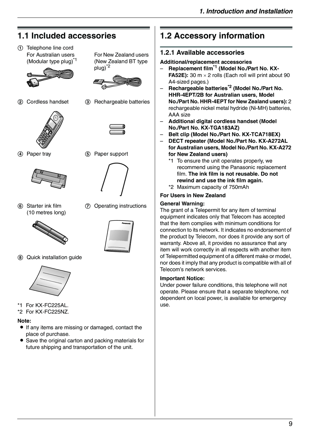 Panasonic KX-FC225AL, KX-FC225NZ manual Included accessories, Accessory information, Available accessories, Important Notice 