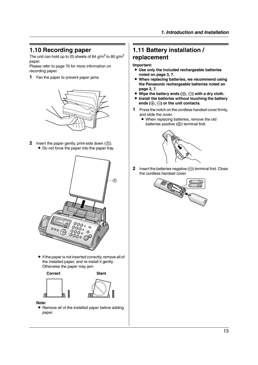 Panasonic KX-FC228HK operating instructions Recording paper, Battery installation / replacement, CorrectSlant 