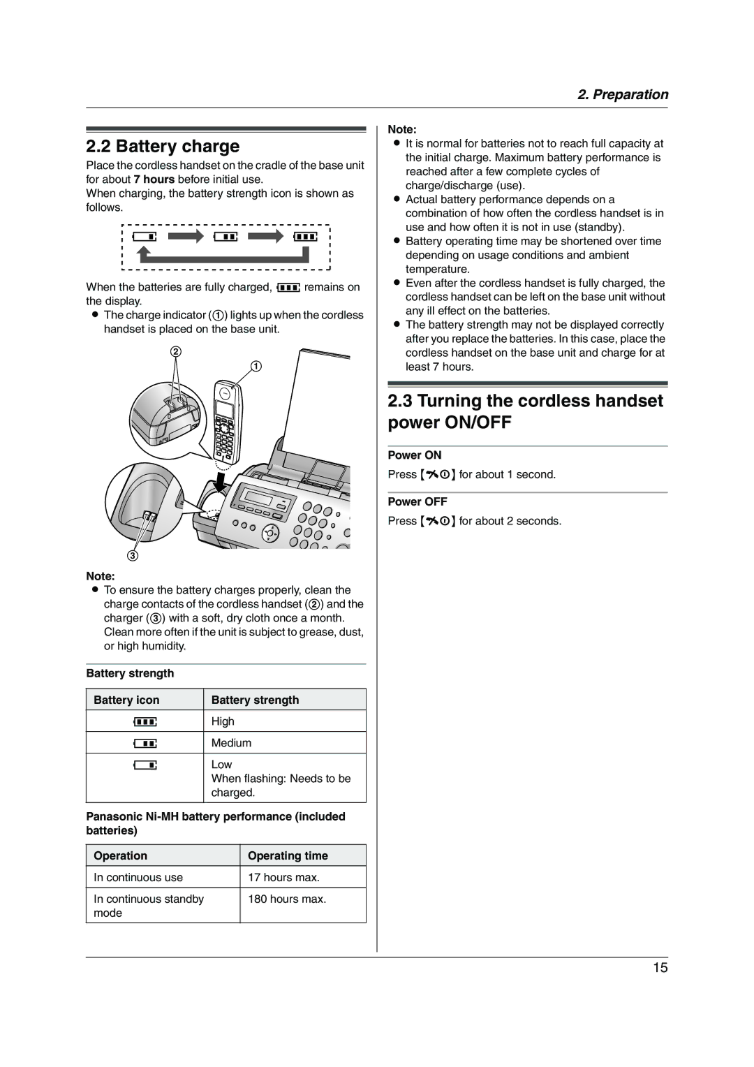 Panasonic KX-FC228HK Battery charge, Turning the cordless handset power ON/OFF, Battery strength Battery icon, Power on 