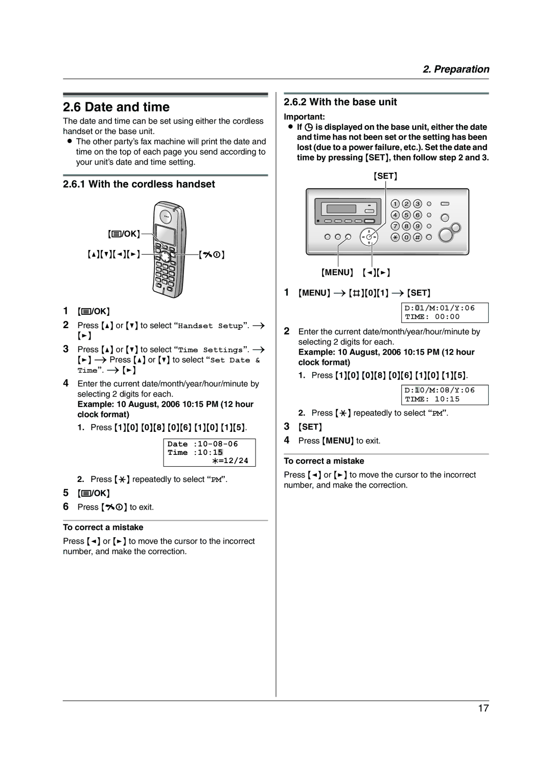 Panasonic KX-FC228HK Date and time, With the cordless handset, With the base unit, To correct a mistake 