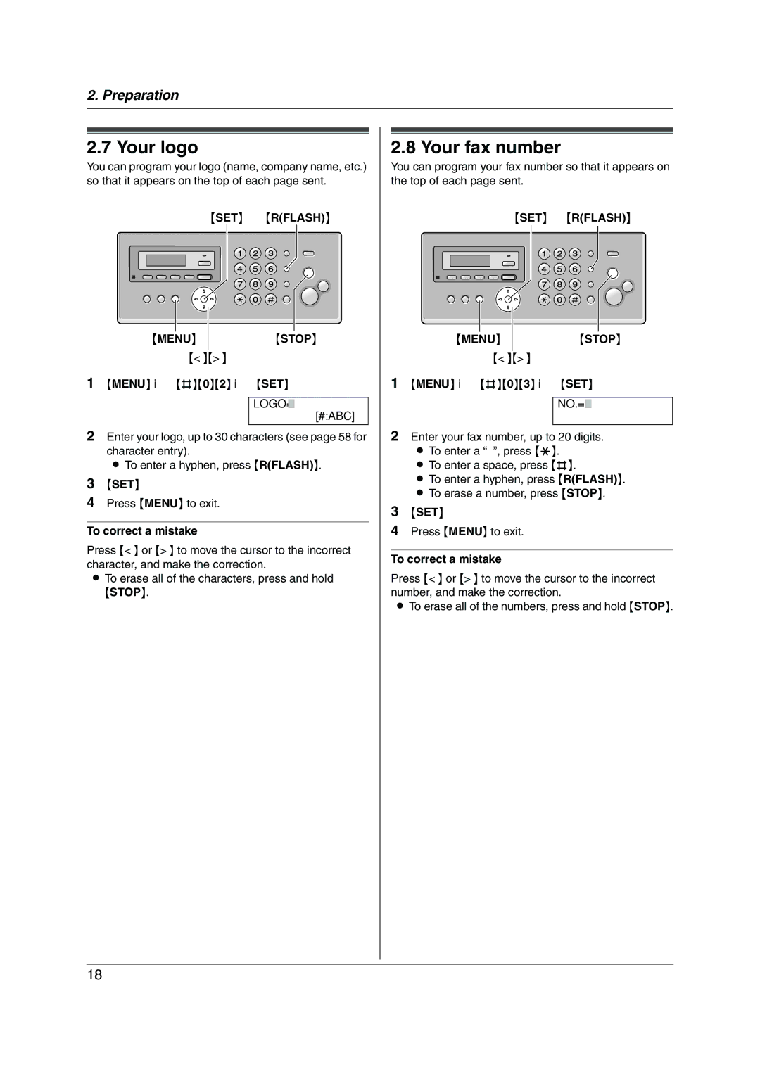 Panasonic KX-FC228HK operating instructions Your logo, Your fax number, SET Rflash, Menu Stop 