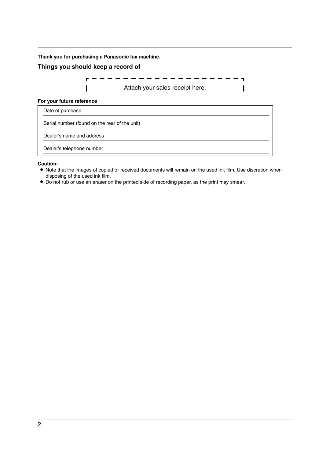 Panasonic KX-FC228HK Things you should keep a record, Thank you for purchasing a Panasonic fax machine 