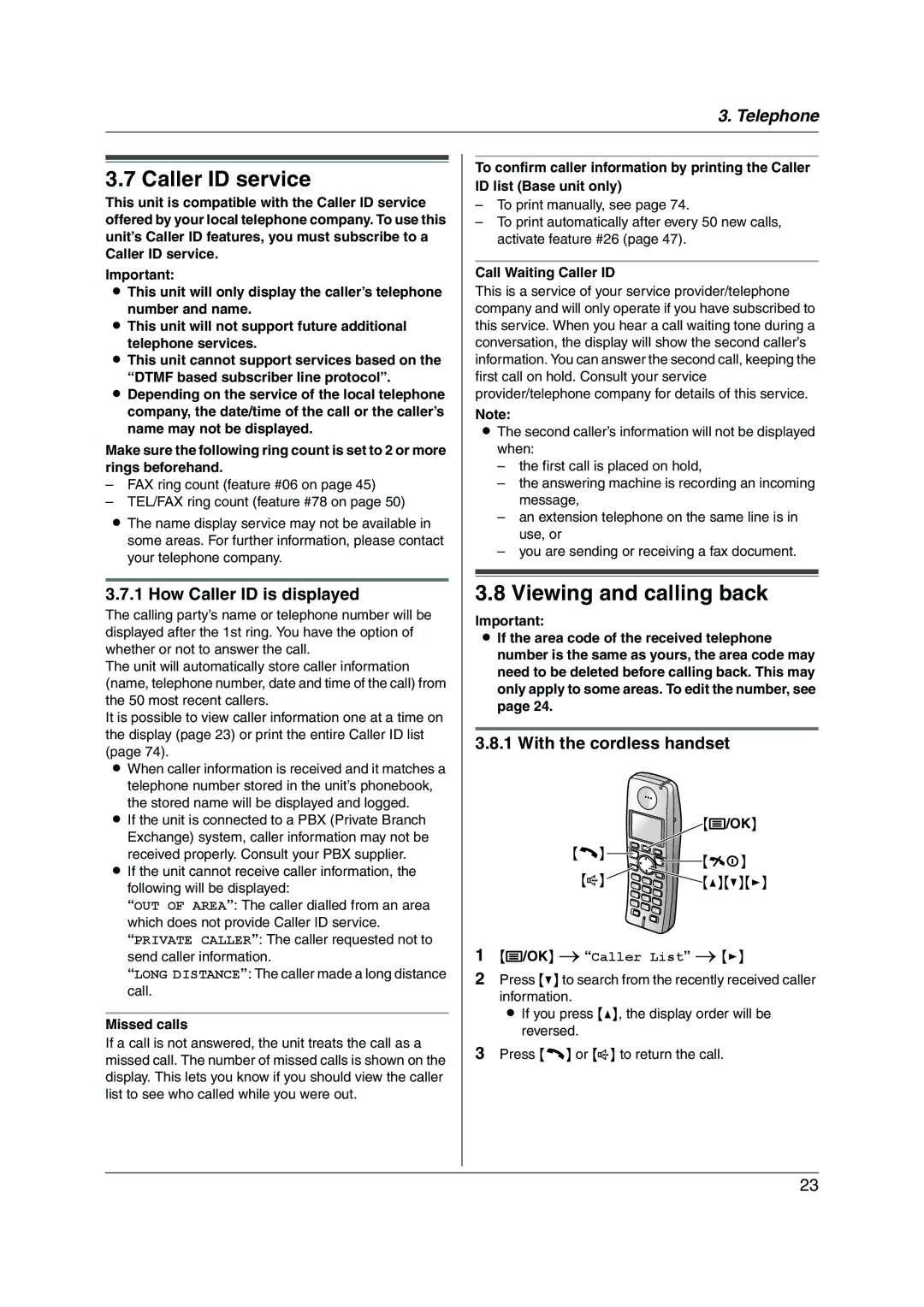 Panasonic KX-FC228HK Caller ID service, Viewing and calling back, How Caller ID is displayed, Missed calls 