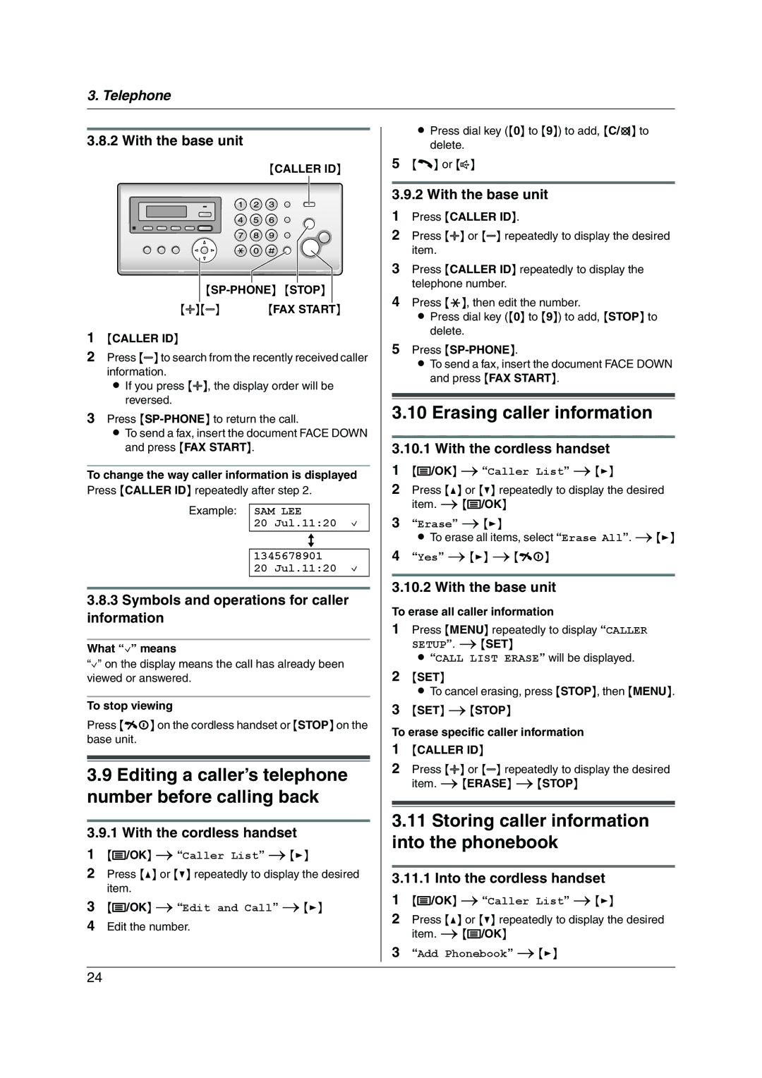 Panasonic KX-FC228HK operating instructions Erasing caller information, Symbols and operations for caller information 