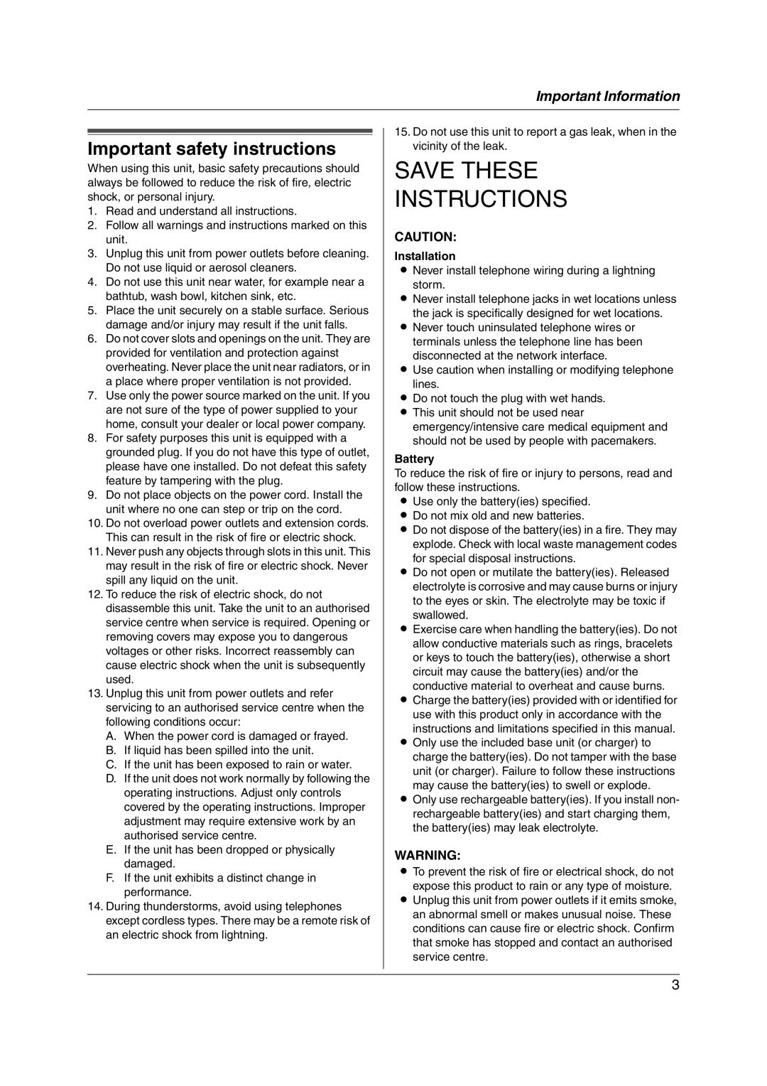 Panasonic KX-FC228HK operating instructions Important safety instructions, Installation, Battery 