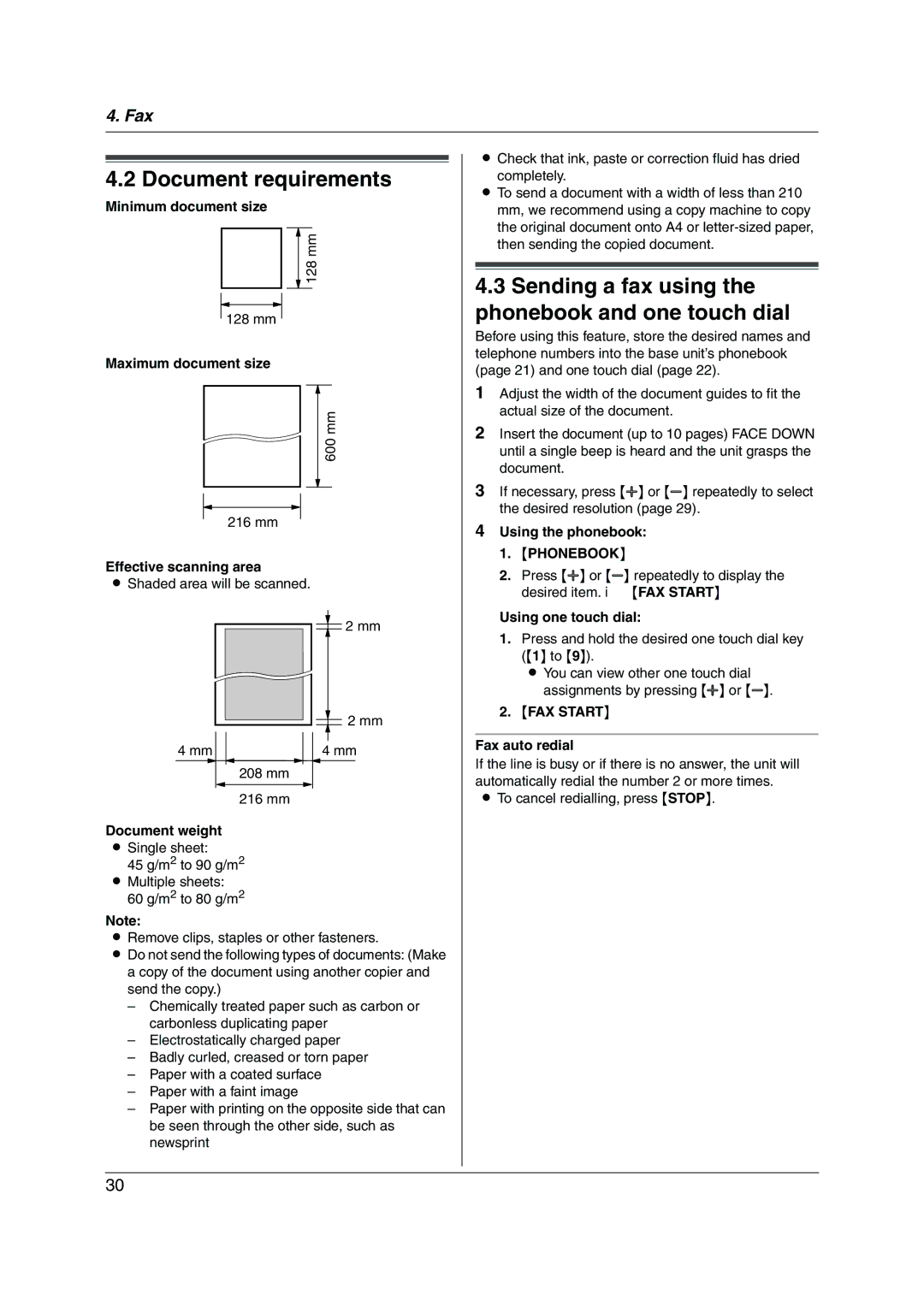 Panasonic KX-FC228HK operating instructions Document requirements, Sending a fax using Phonebook and one touch dial 