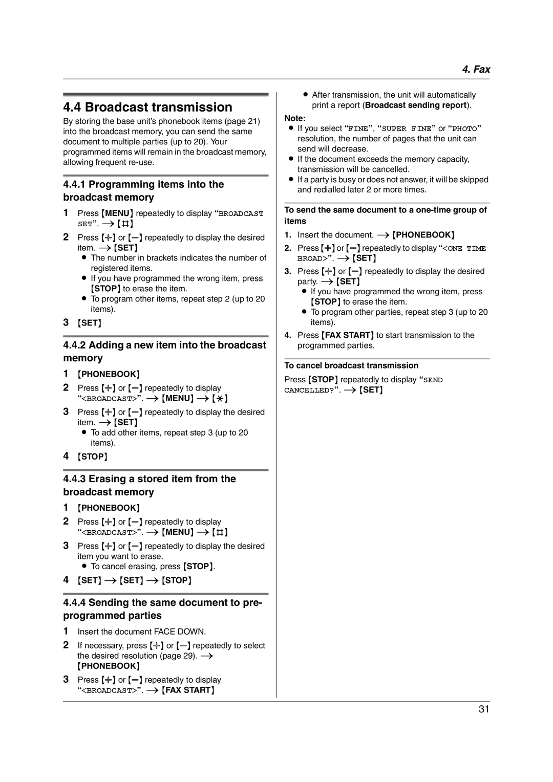 Panasonic KX-FC228HK operating instructions Broadcast transmission, Programming items into the broadcast memory 