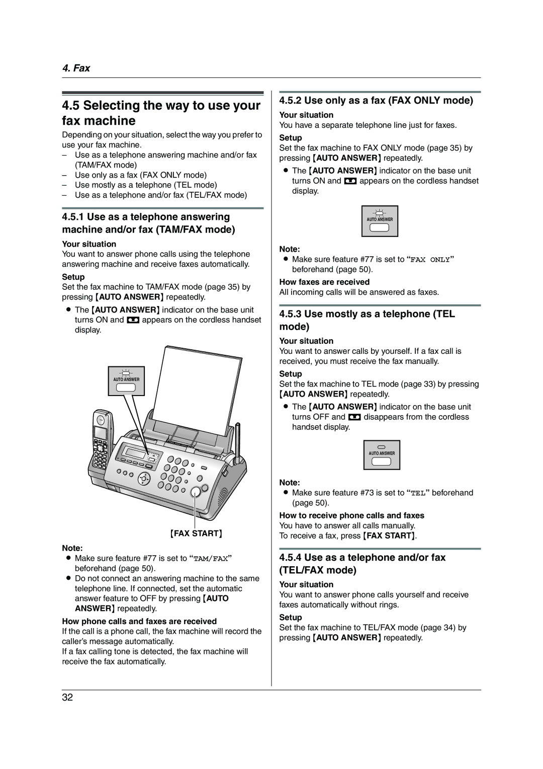 Panasonic KX-FC228HK operating instructions Selecting the way to use your fax machine, Use only as a fax FAX only mode 