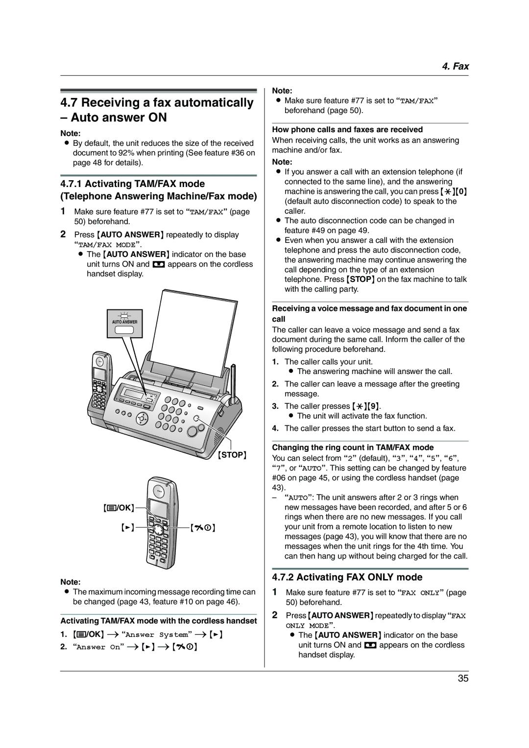 Panasonic KX-FC228HK operating instructions Receiving a fax automatically Auto answer on, Activating FAX only mode 