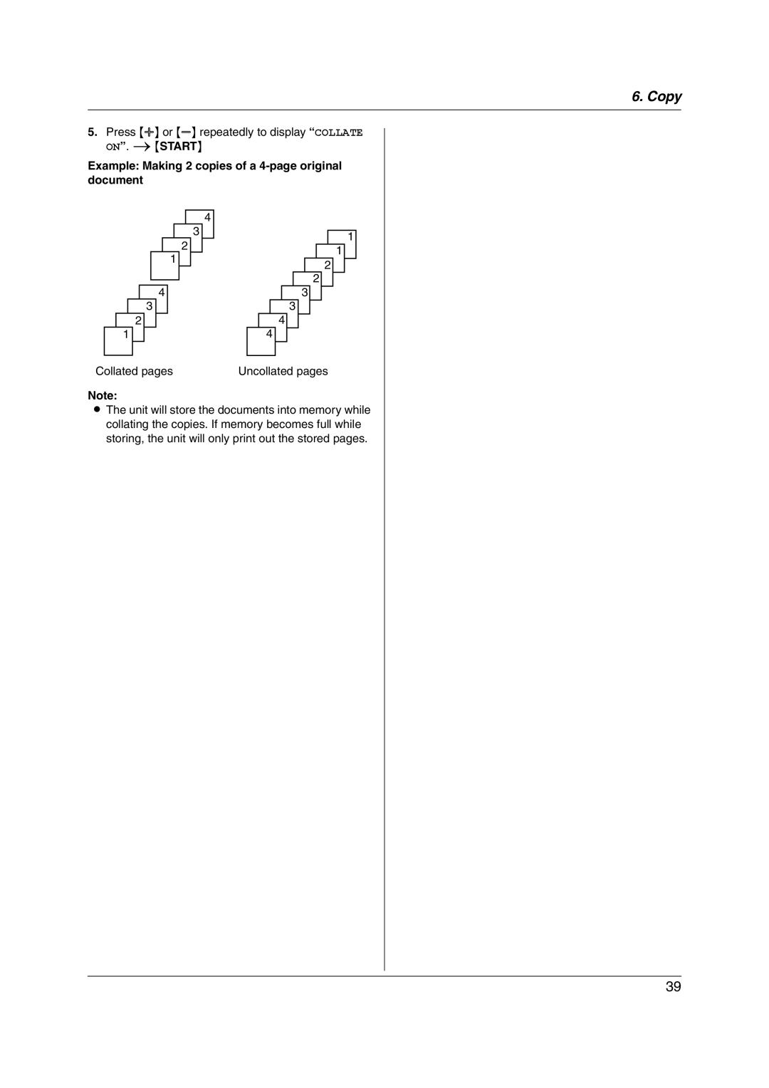 Panasonic KX-FC228HK Example Making 2 copies of a 4-page original document, Collated pages Uncollated pages 