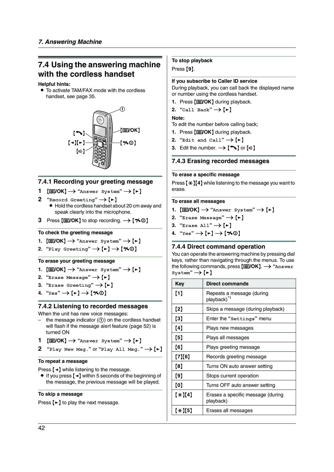 Panasonic KX-FC228HK Recording your greeting message, Listening to recorded messages, Direct command operation 