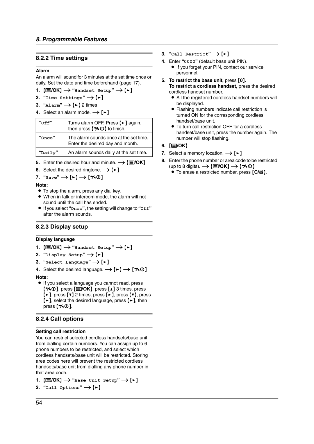 Panasonic KX-FC228HK operating instructions Time settings, Display setup, Call options 