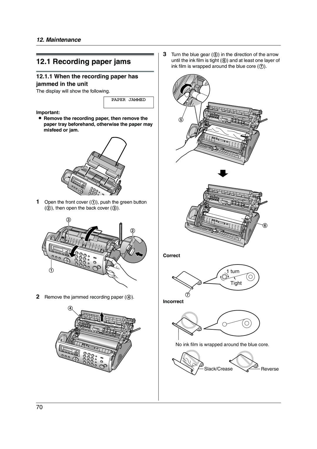 Panasonic KX-FC228HK operating instructions Recording paper jams, When the recording paper has jammed in the unit 