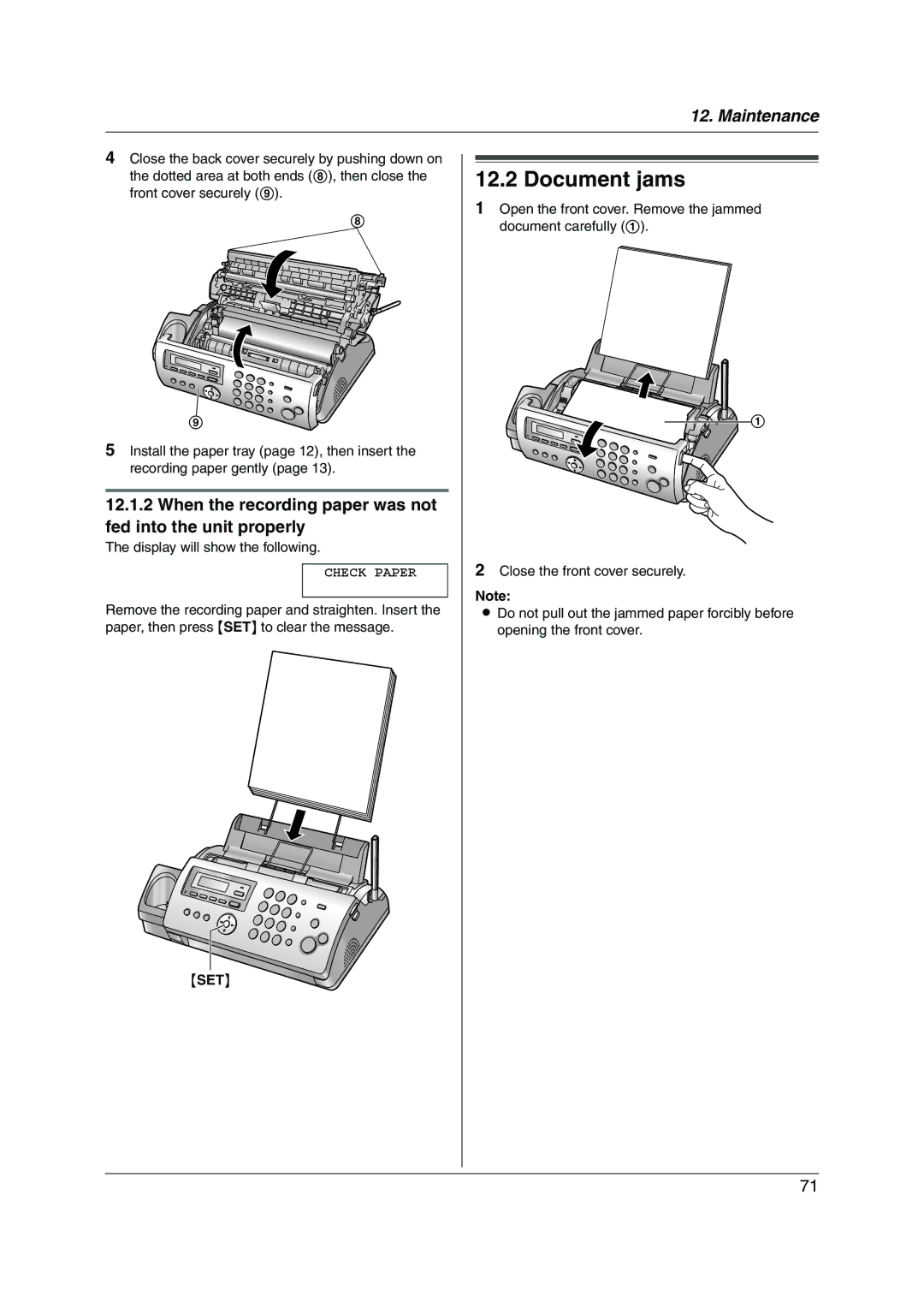 Panasonic KX-FC228HK operating instructions Document jams, When the recording paper was not fed into the unit properly 