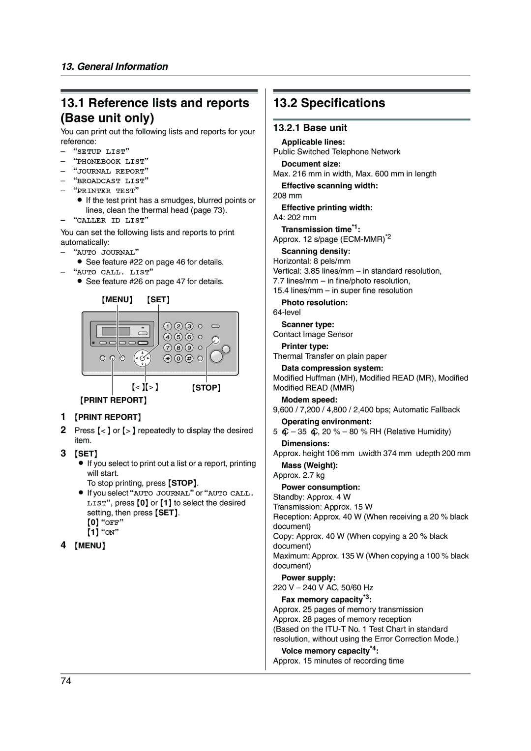 Panasonic KX-FC228HK operating instructions Reference lists and reports Base unit only, Specifications, Menu SET 