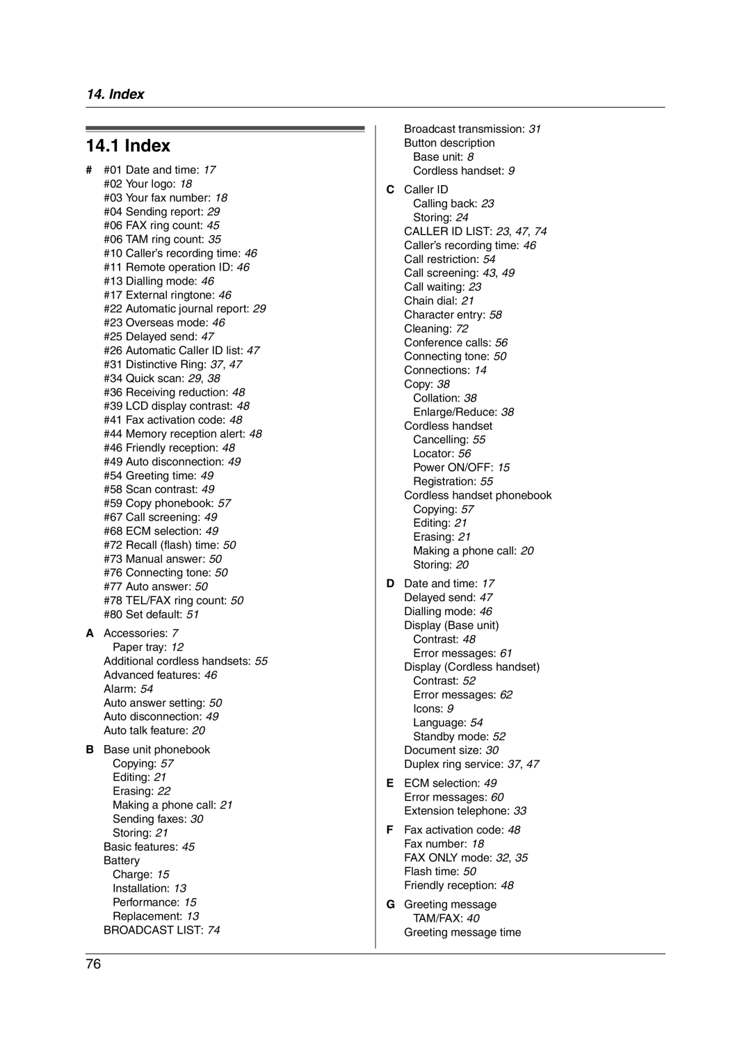 Panasonic KX-FC228HK operating instructions Index, Broadcast List 