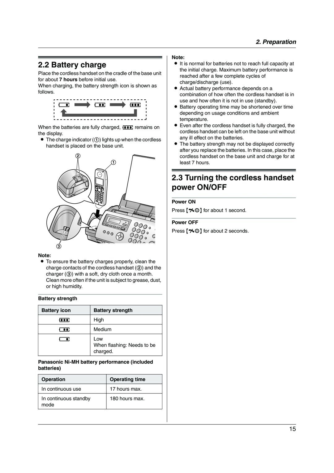 Panasonic KX-FC228HK operating instructions Battery charge, Turning the cordless handset power ON/OFF, Preparation 
