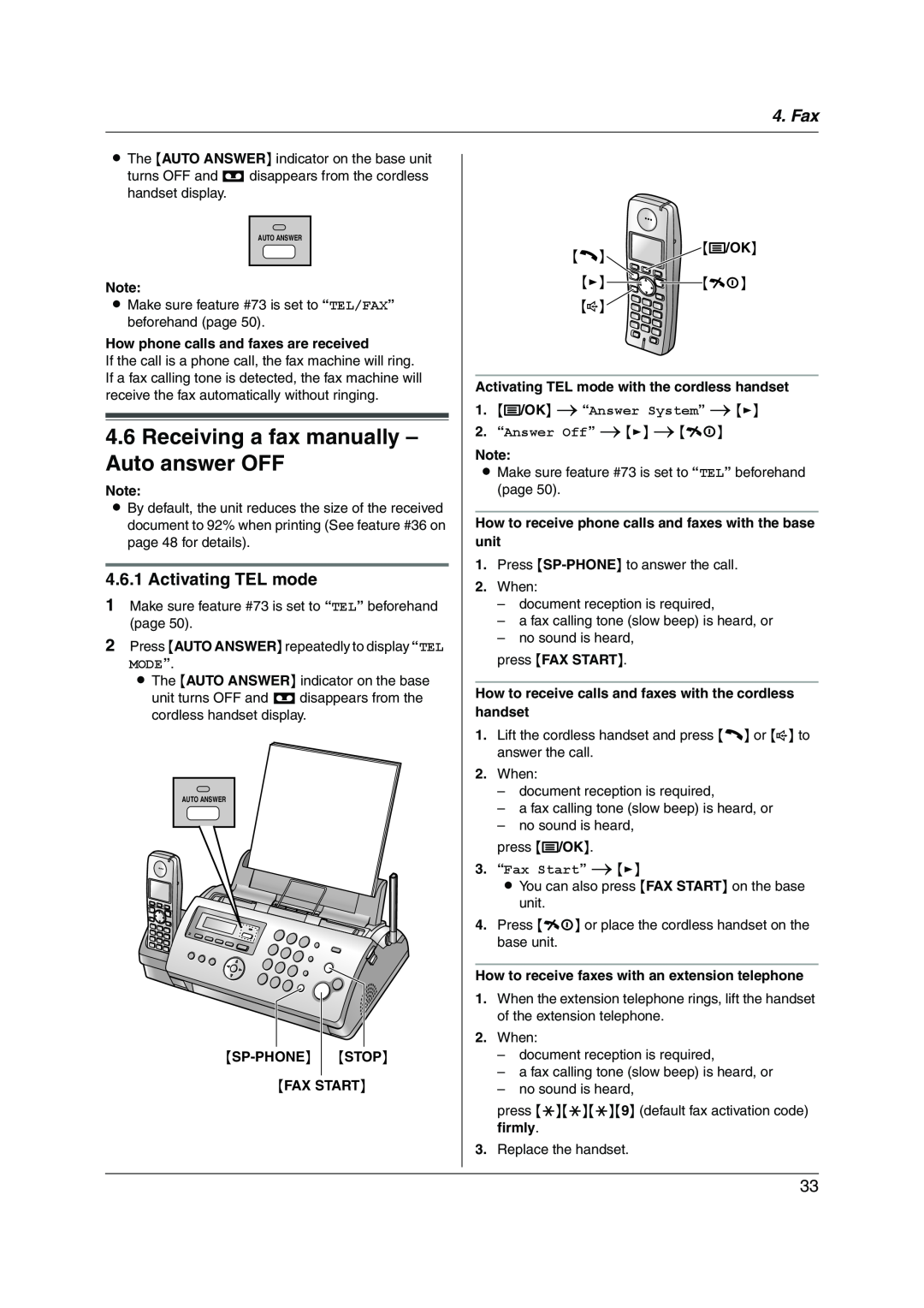 Panasonic KX-FC228HK Receiving a fax manually - Auto answer OFF, Activating TEL mode, 3. “Fax Start” 