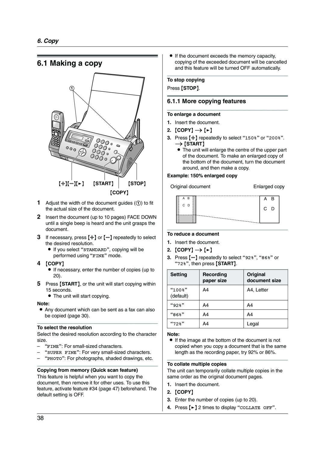 Panasonic KX-FC228HK operating instructions Making a copy, Copy, More copying features, “100%”, “92%”, “86%”, “72%” 