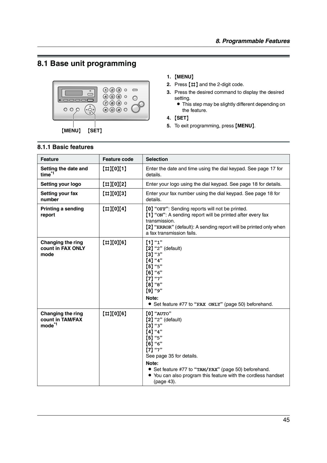 Panasonic KX-FC228HK Base unit programming, Programmable Features, Basic features, 1 “1”, 3 “3”, 4 “4”, 5 “5”, 6 “6” 