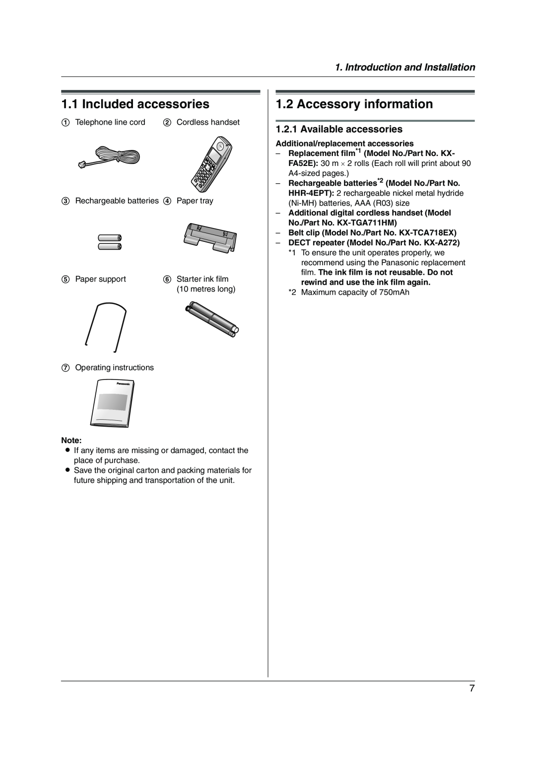 Panasonic KX-FC228HK Included accessories, Accessory information, Introduction and Installation, Available accessories 