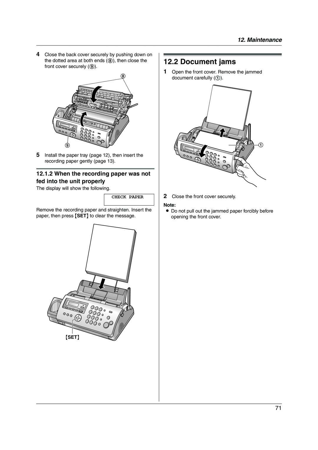 Panasonic KX-FC228HK Document jams, When the recording paper was not fed into the unit properly, Maintenance, Check Paper 