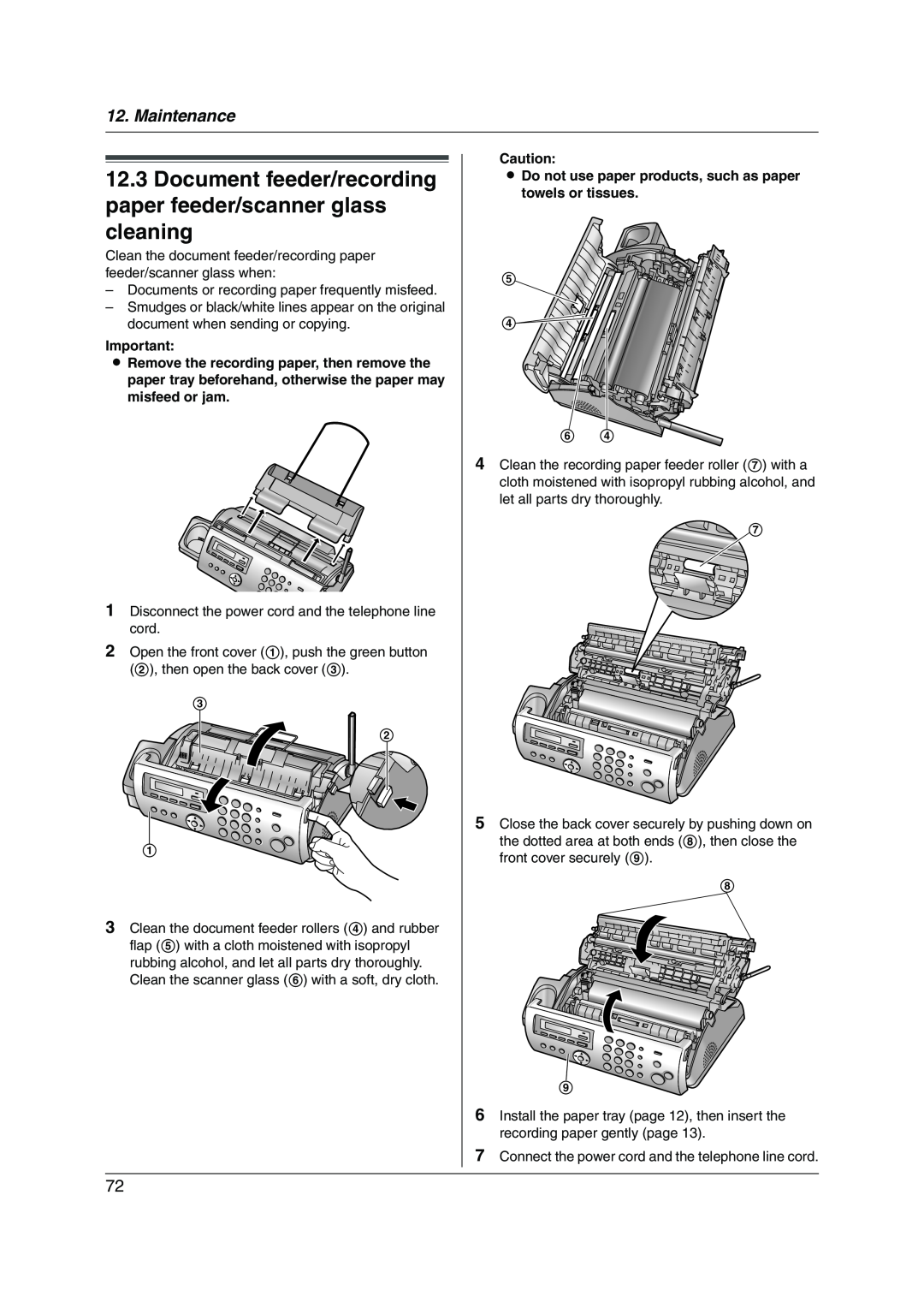 Panasonic KX-FC228HK operating instructions Document feeder/recording paper feeder/scanner glass cleaning, Maintenance 