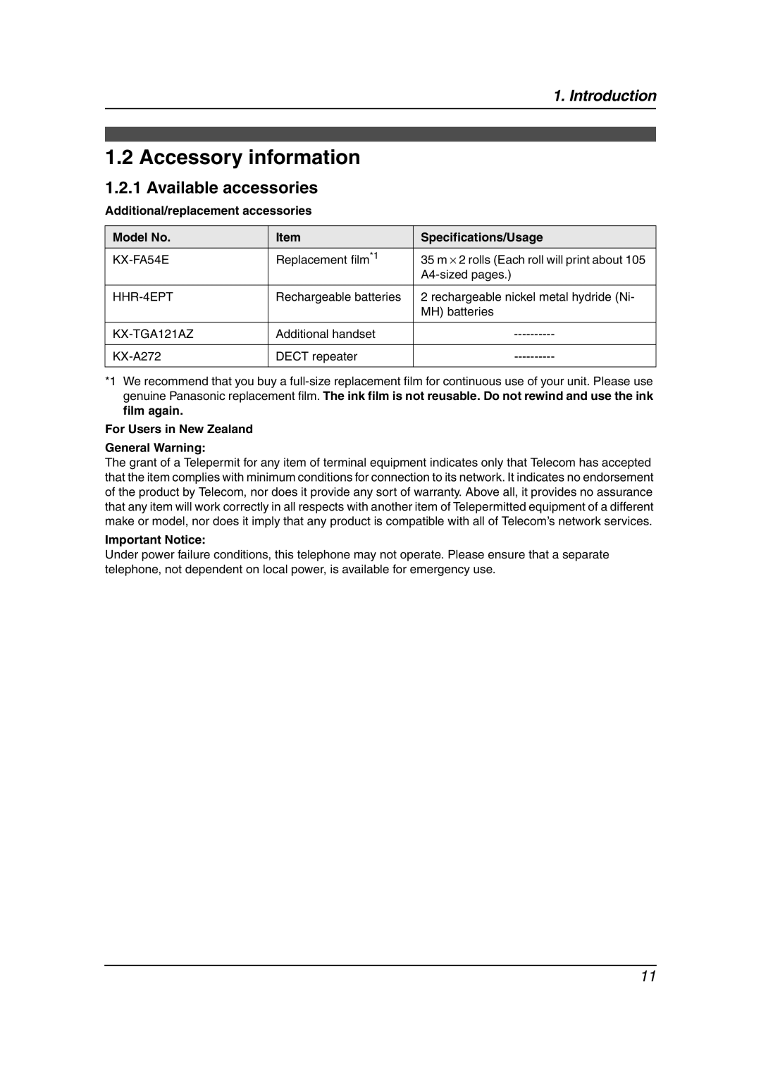 Panasonic KX-FC235AL, KX-FC231NZ Accessory information, Available accessories, For Users in New Zealand General Warning 