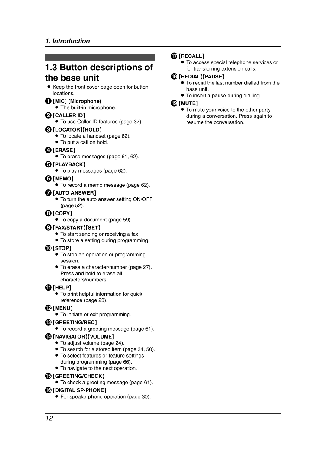 Panasonic KX-FC231NZ, KX-FC235AL manual Button descriptions of the base unit 