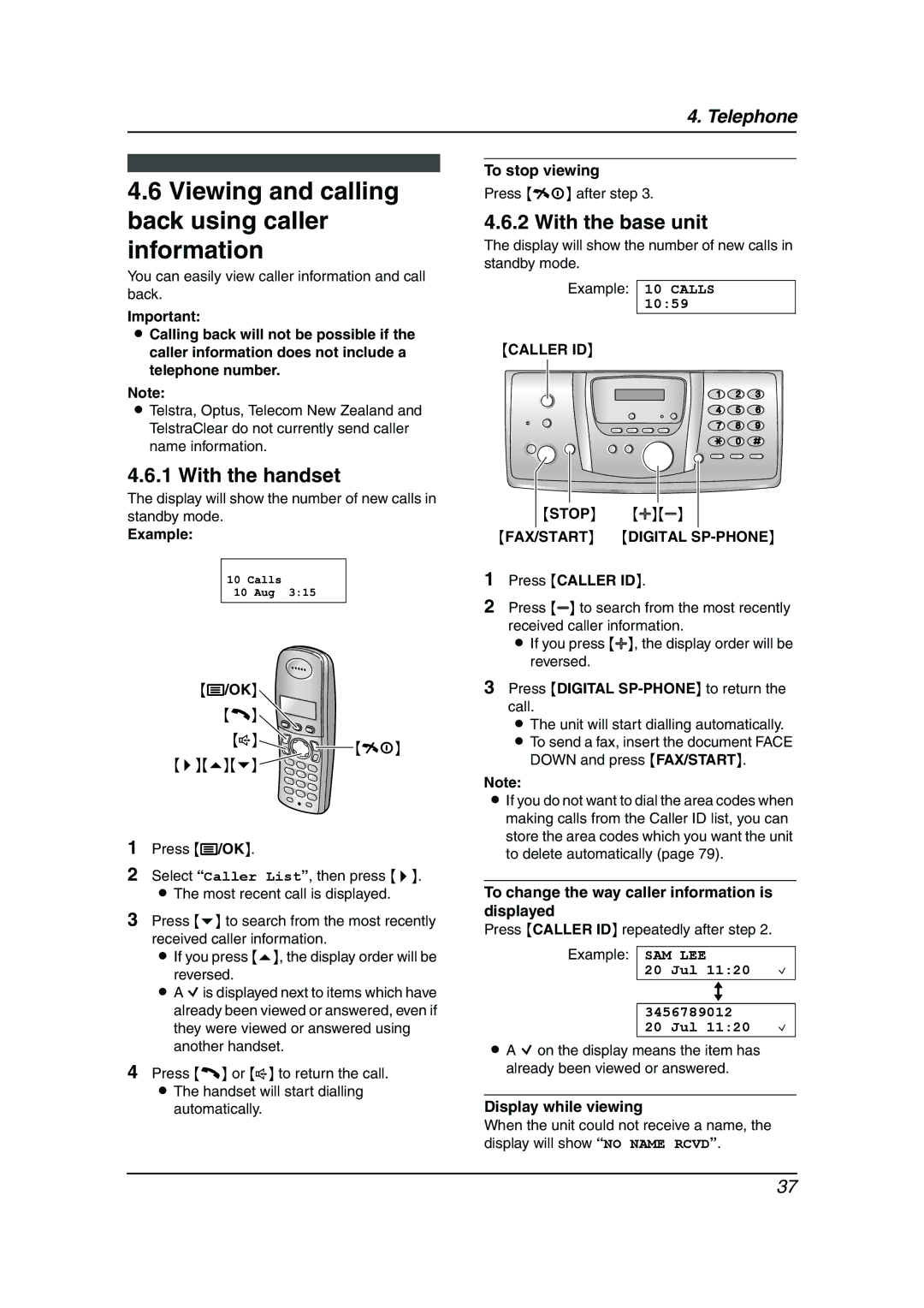 Panasonic KX-FC235AL, KX-FC231NZ Viewing and calling back using caller information, Caller ID, FAX/START Digital SP-PHONE 