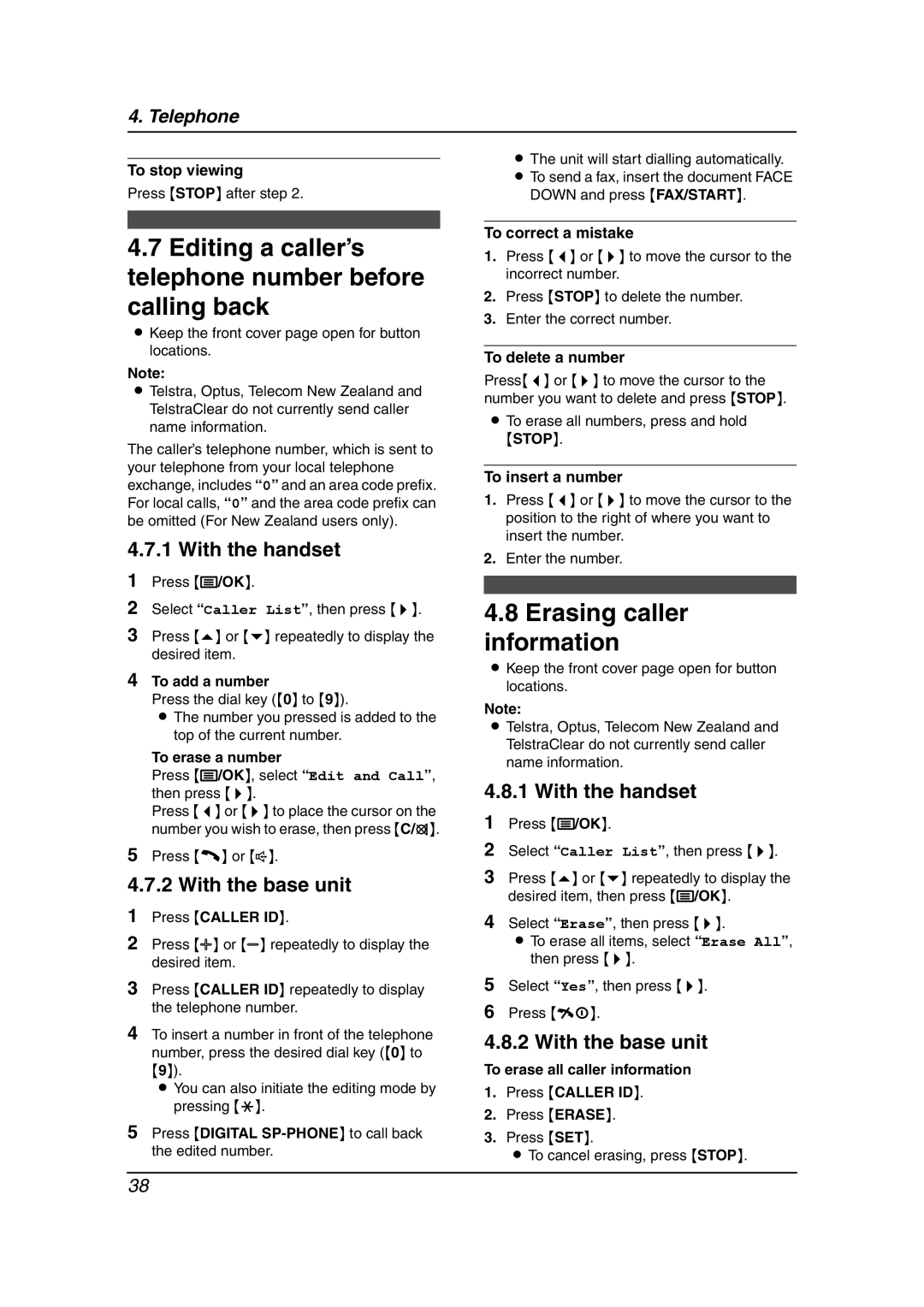 Panasonic KX-FC231NZ, KX-FC235AL manual Editing a caller’s telephone number before calling back, Erasing caller information 