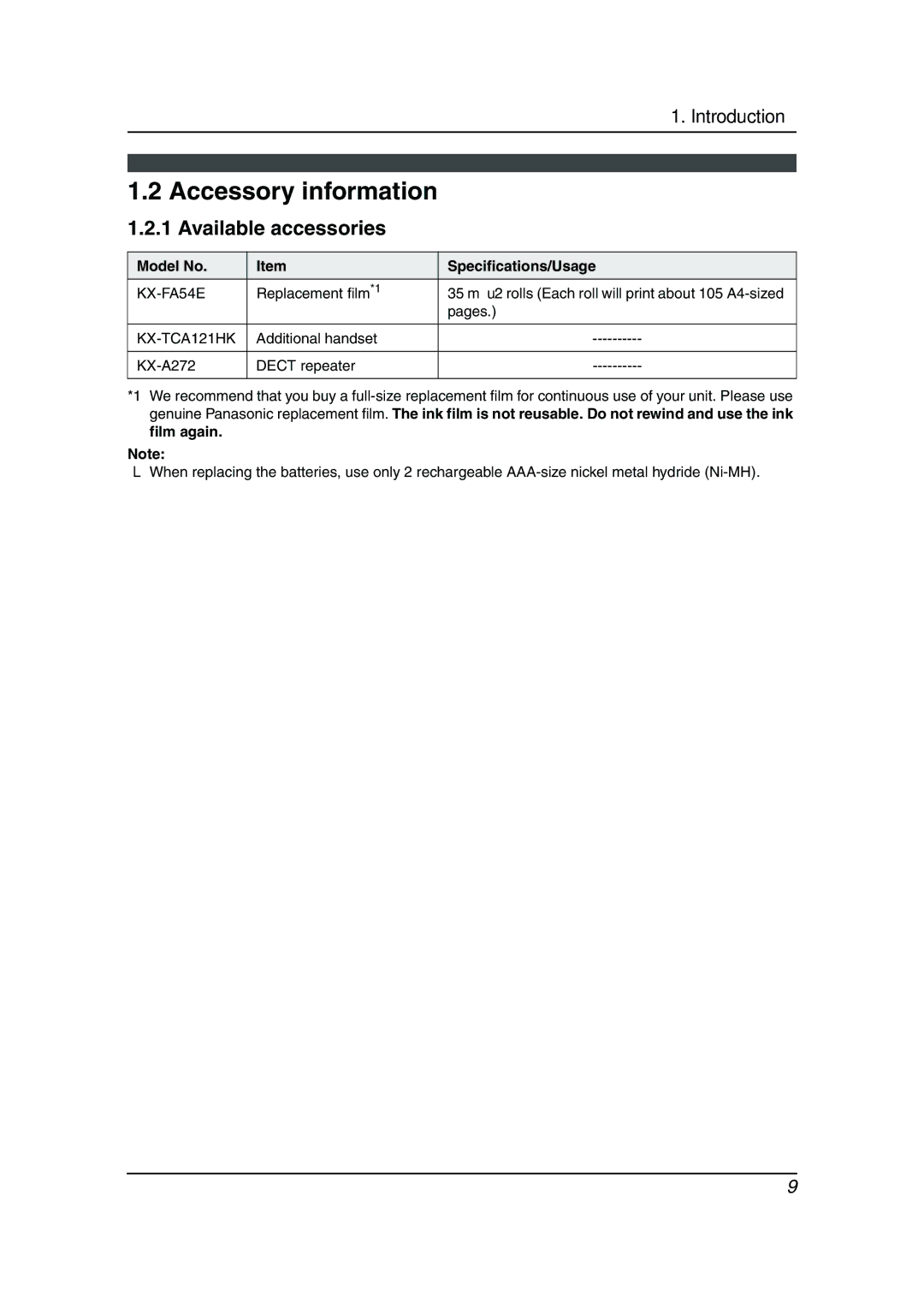 Panasonic KX-FC238HK manual Accessory information, Available accessories, Model No Specifications/Usage 