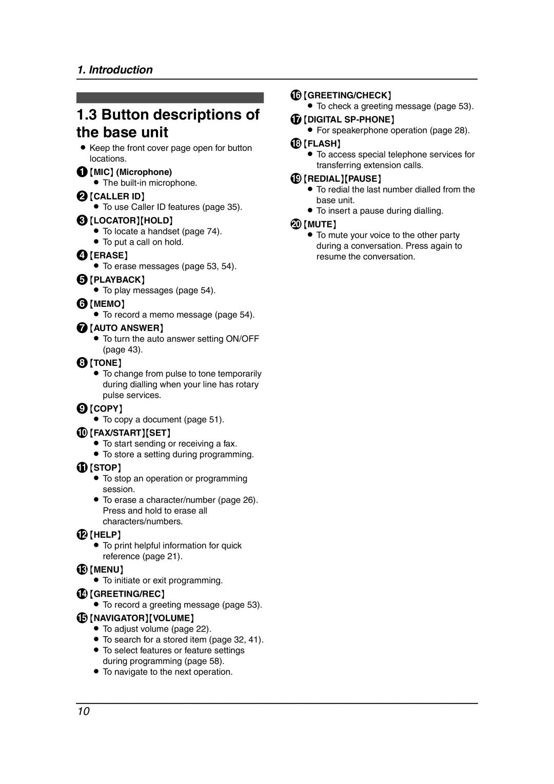 Panasonic KX-FC238HK manual Button descriptions of the base unit 