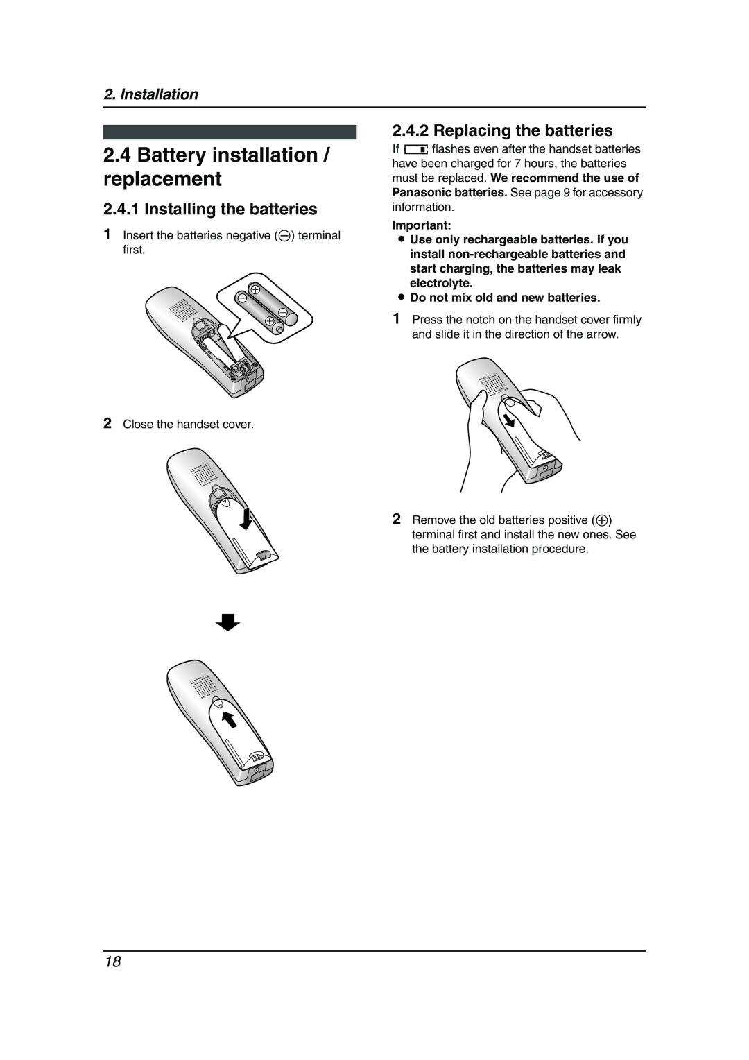 Panasonic KX-FC238HK manual Battery installation / replacement, Installing the batteries, Replacing the batteries 