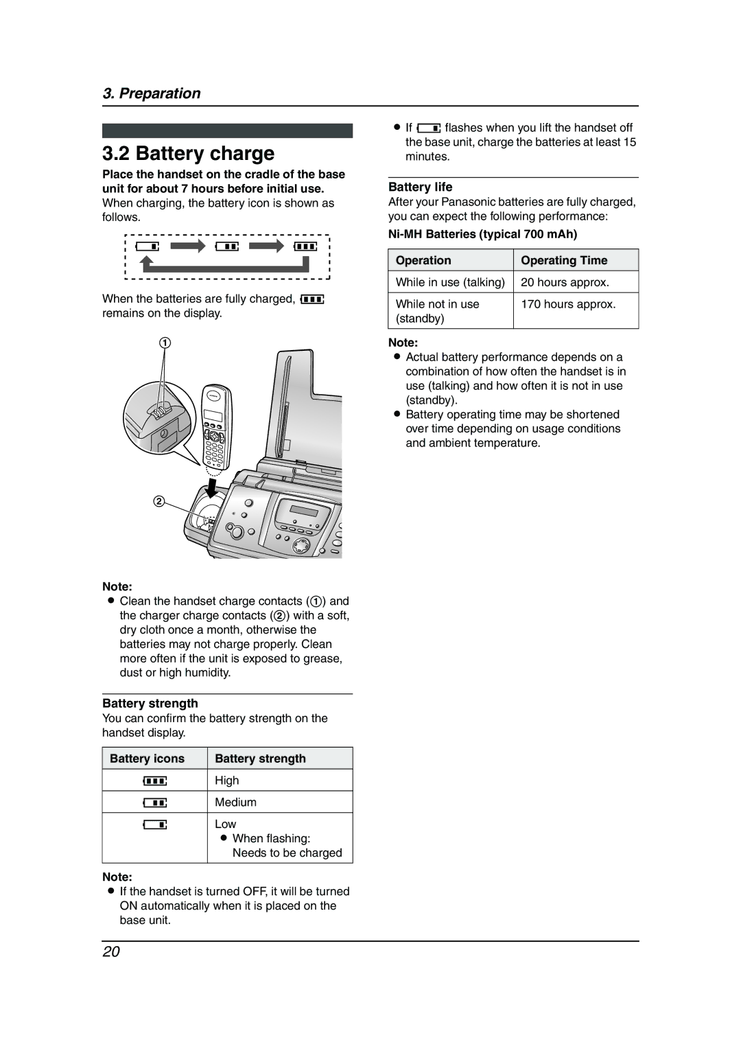 Panasonic KX-FC238HK manual Battery charge, Battery icons Battery strength, Battery life 